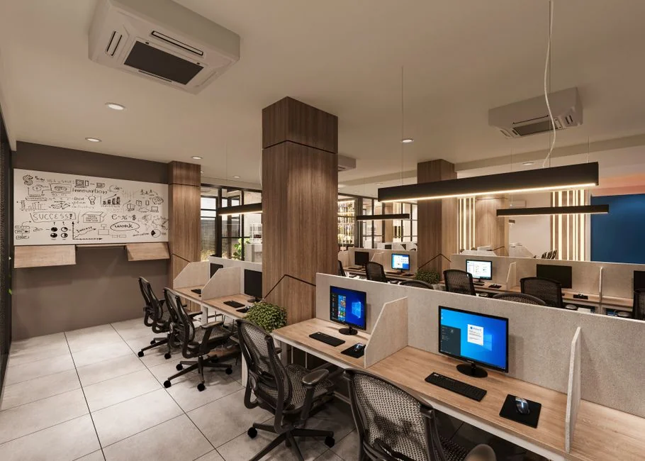 A stylish workspace with a laptop and monitors showing design software.